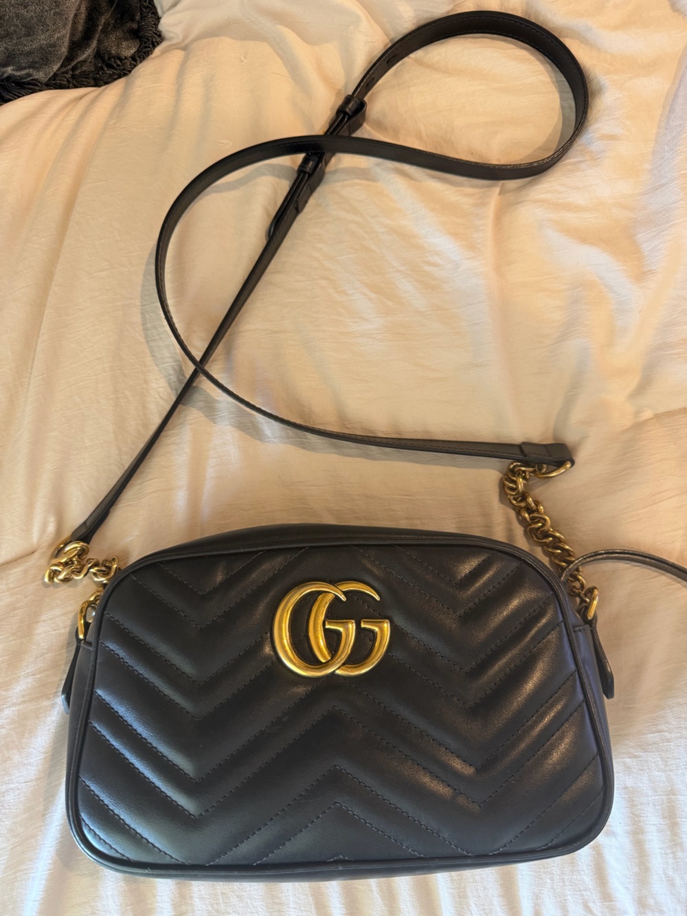 Gucci Black Chevron Quilted Leather Crossbody with Gold GG